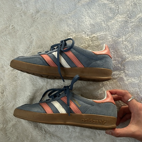 Adidas Gazelle Suede Blue w/Pink & White Stripes Sneakers - Picture 8 of 16